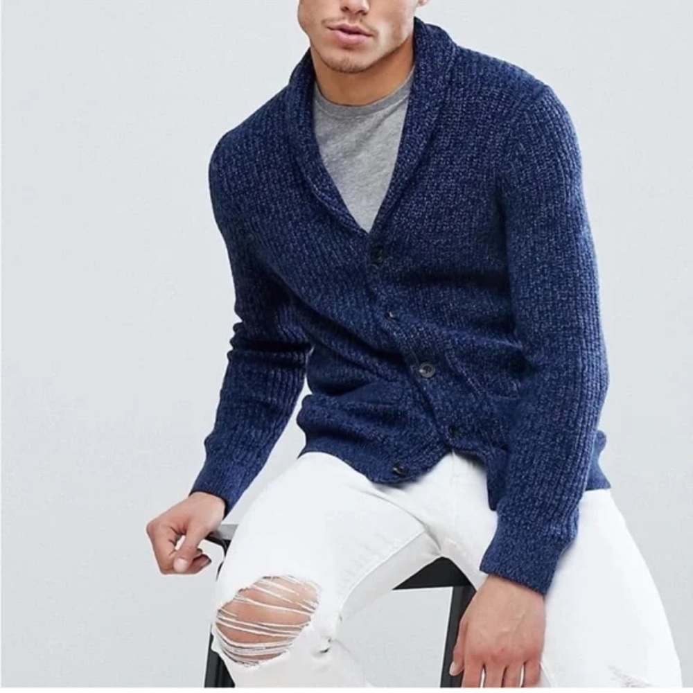 🧢📘🛋️🛜Men's Navy Shawl Collar Knit Cardigan Sweater